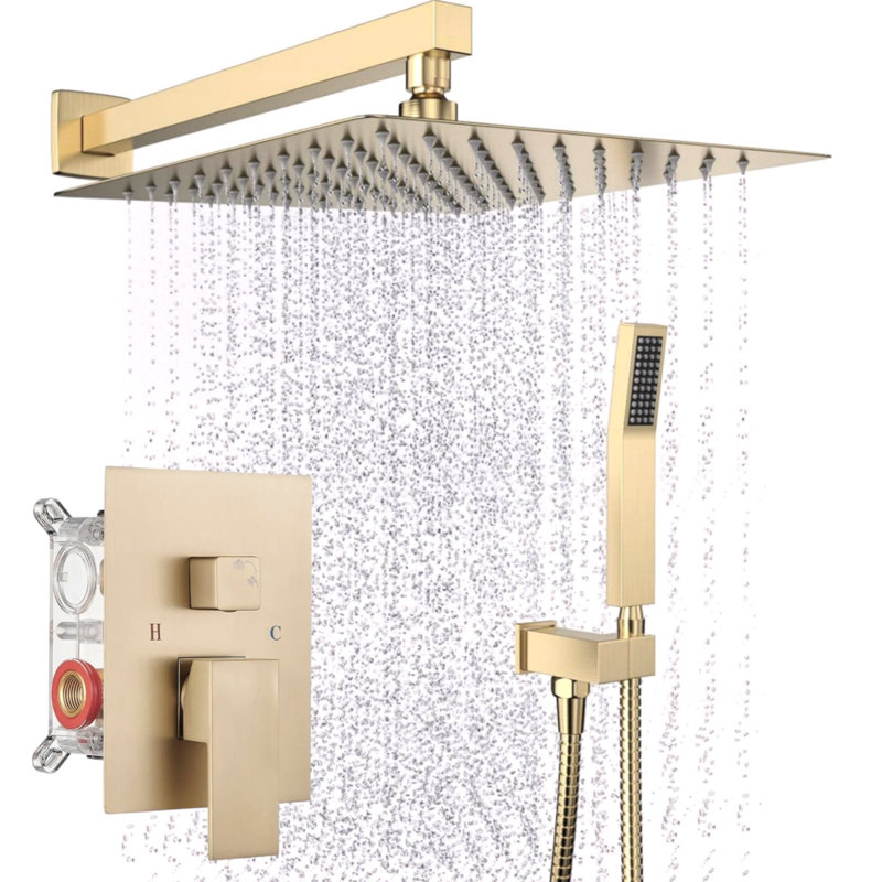 12" Square Shower Head Pressure Balanced Shower Faucet System With Handheld Spray, Brushed Gold