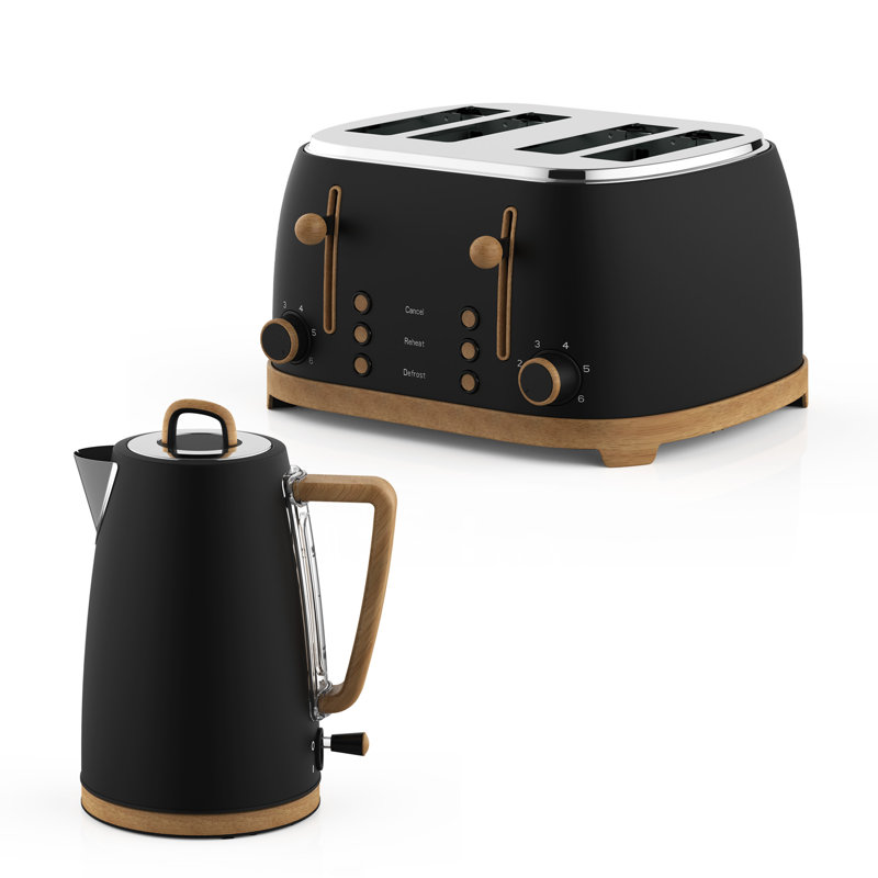 GEEPAS NordiQ 4 Slice Toaster & 1.7L Electric Kettle Combo Set | Matte Finish with Wood Accents | 1500W 6 Browning Levels Defrost Reheat & Cancel | 3000W Rapid Boil Cordless Jug Kettle