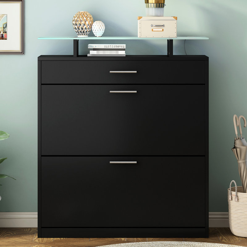 Range-chaussures avec tiroir, finition noire, pouvant accueillir plusieurs tailles et accessoires, armoire 3 tiroirs, compartiments réglables, rangement supplémentaire pour