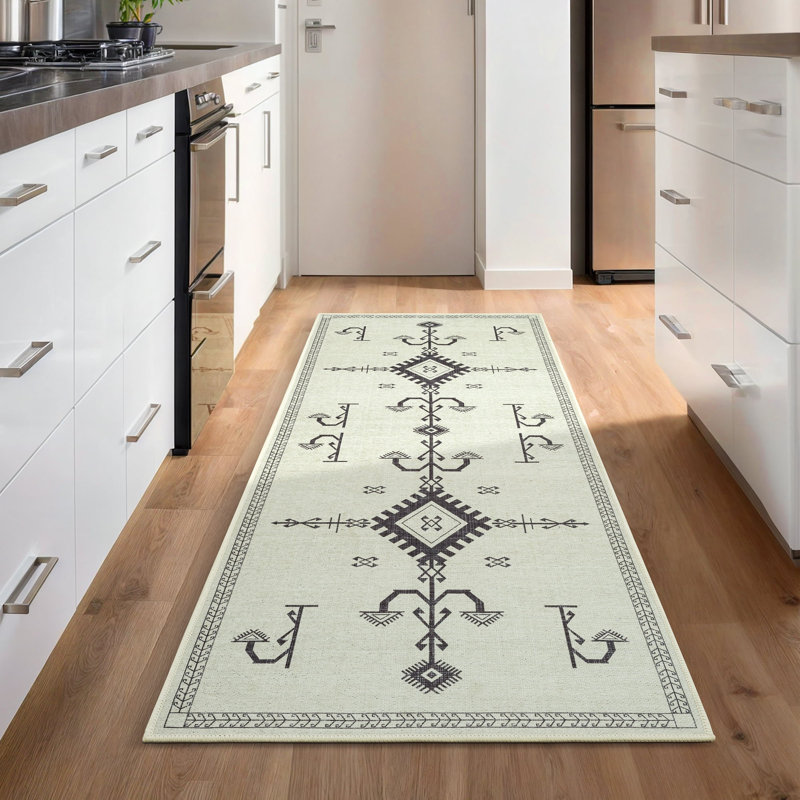 GLN Rugs Bohemian Collection - Machine Washable Area Rug, Bohemian Vintage Washable Rug, Non Slip Area Rug, Low Pile Chenille Living Room Rug, Bedroom Rug, Bathroom Rug (Beige Rug)