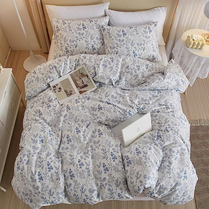 Cotton Floral Print Duvet Cover Set, Queen Duvet Cover + 2 Queen Pillowcases, Blue/Floral