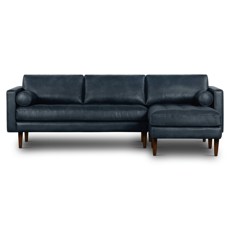 Napa Full-Grain Genuine Italian Leather Sectional, Right Hand Facing, Deepsky Blue Genuine Leather
