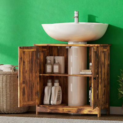Meuble-lavabo rustique brun sous le lavabo, conception à 2 portes, tablette réglable, en forme de U pour économiser de l'espace, convient aux lavabos sur piédestal ou fixés au mur, meuble-lavabo de salle de bain en matériau brun, conception avec ajout