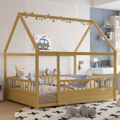 Full Size Floor Wooden Bed With House Roof Frame, Fence Guardrails