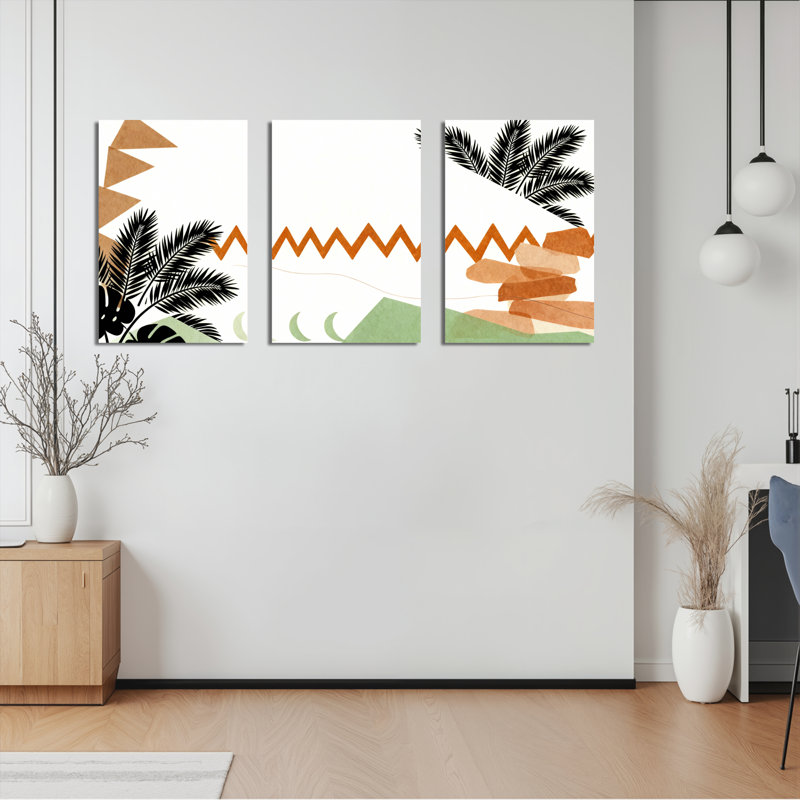 Feuilles de palmier tropicales et formes géométriques, art mural, reproduction abstraite moderne (ensemble de 3)