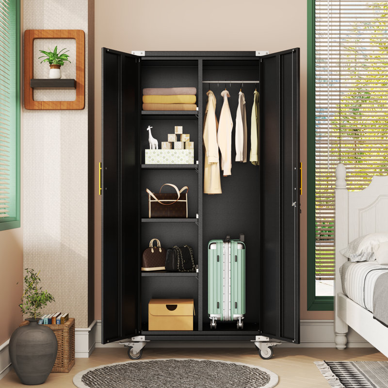 Armoire de rangement en métal 71 '' avec barre de suspension et tablettes réglables, Noir