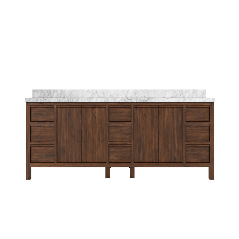 84'' Double Bathroom Vanity with Quartz Top, Dark Walnut, Carrara Marble