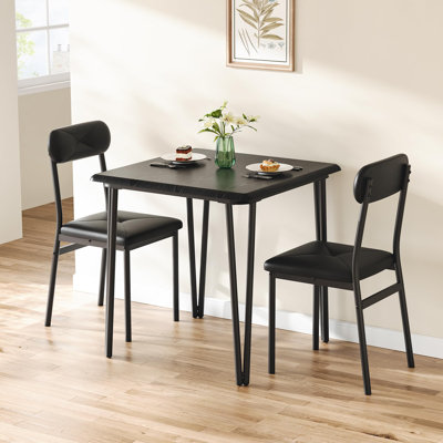 3-Piece Square Dining Table Set for 2 – Space-Saving Black Metal Frame – Upholstered Chairs – Perfect for Apartment, Kitchen, or Dining Room – Black