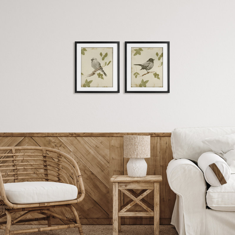 Neutral Bird Scene 2pc Framed Print Under Glass Set, design by Lanie Loreth, 21" H x 17" W, Midnight Black Frame