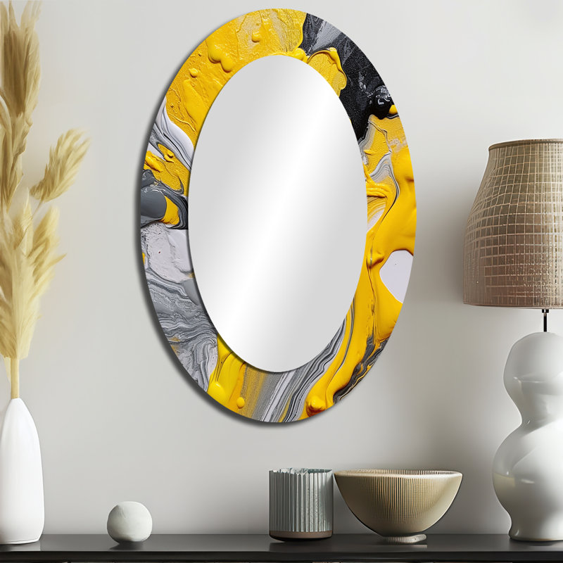 Yellow And Grey Cosmic Vibrations II - Yellow Modern Oval Wall Mirror, 36" x 24"