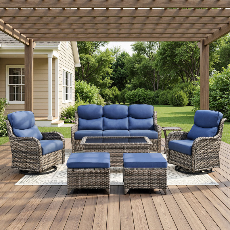 5-7 Person Outdoor Wicker Patio Conversation Set With Ottomans, Gray, Blue