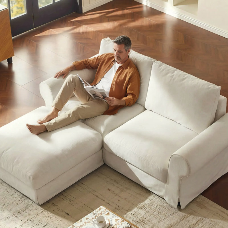 Canapé deux places rembourré avec pouf, accoudoirs arrondis et base à jupe, blanc, Blanc