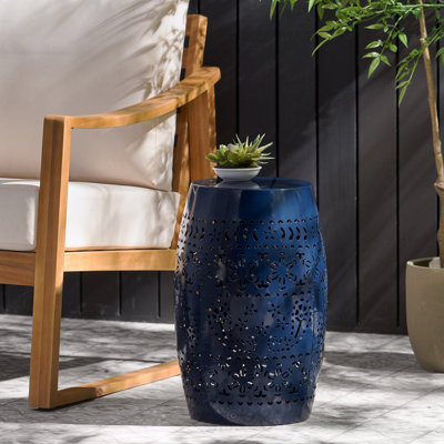 Navy Blue Barrel-Shaped Metal Side Table (Lace-Cut)