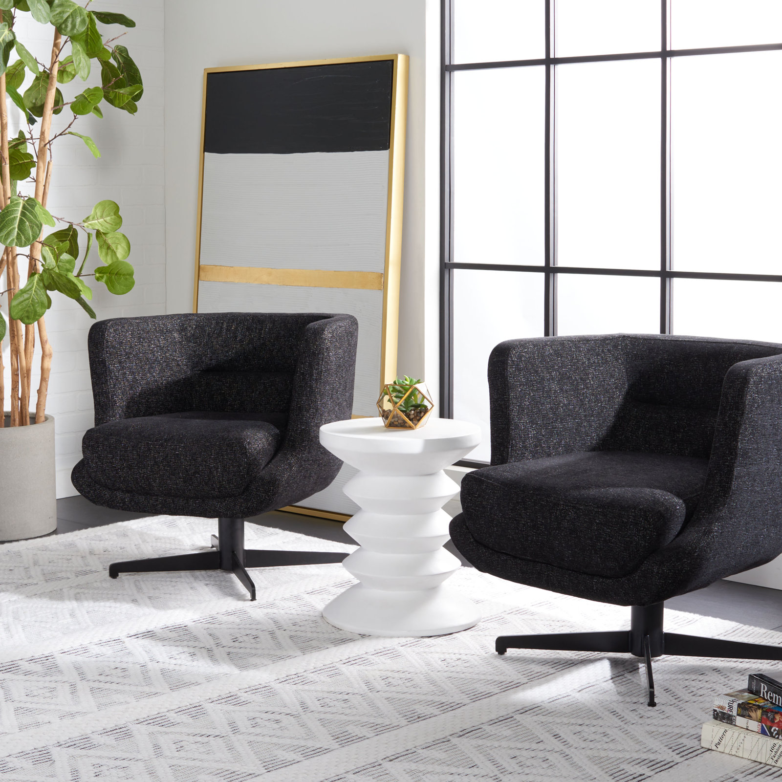 Arnelle Pine Swivel Barrel Chair, 100% Polyester Black 