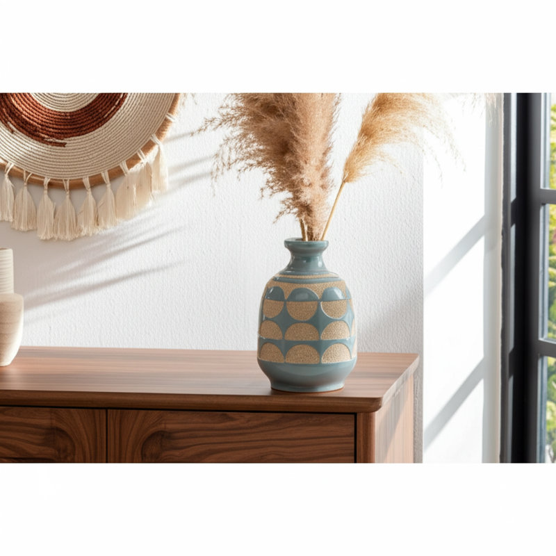 Jeiker Boho Stoneware Ceramic Vase with Textured Detail and Sculptural Form in Contemporary Minimalist Design for Modern Eclectic Spaces