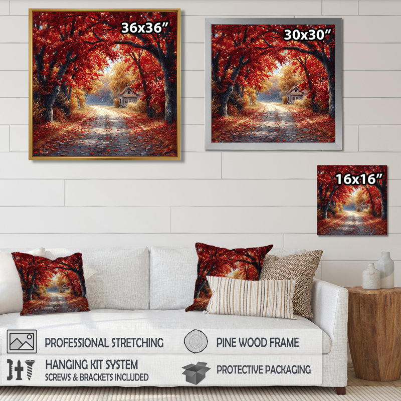 Red Autumn Road Coming Home - Art mural arbre, Cadre flottant blanc, bois massif, H 36 po x l 36 po