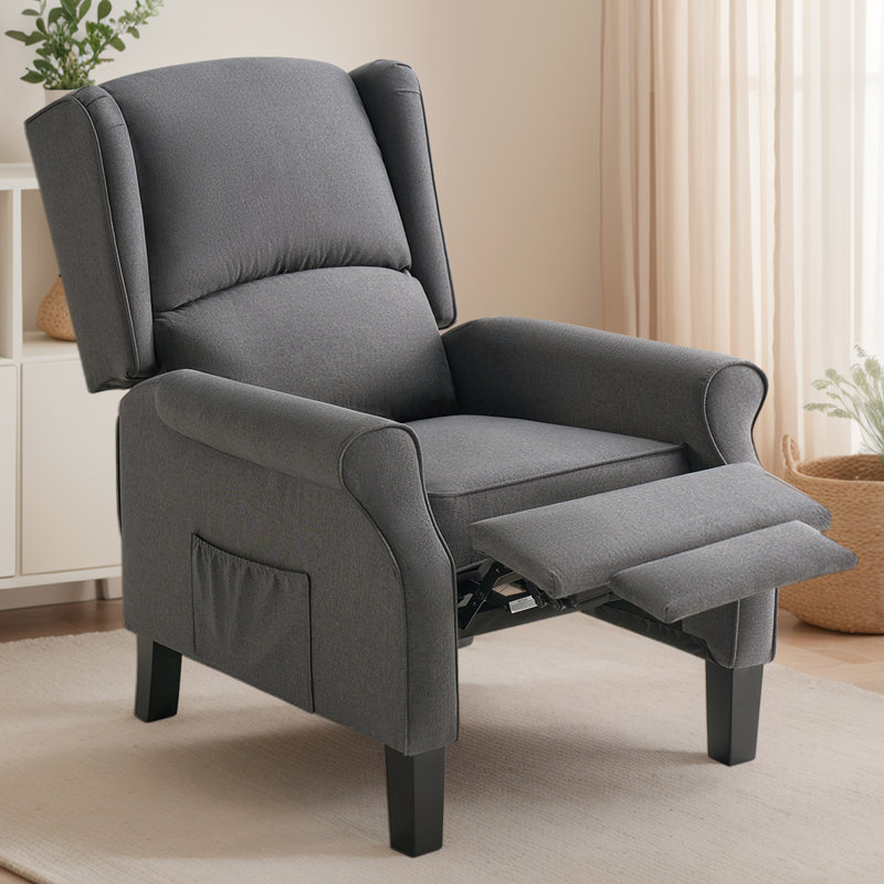Fauteuil inclinable avec accoudoirs avec poches latérales, pieds en bois et lin, Gris