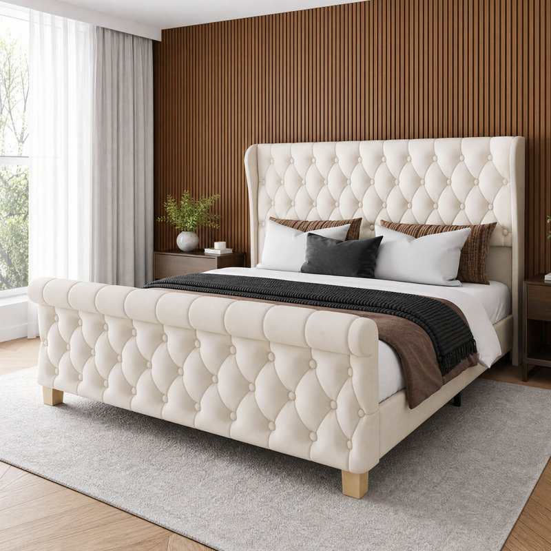 Structure de lit plateforme moderne en velours, support de lattes en bois massif, aucun sommier requis, Queen, Beige