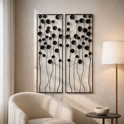 Panneau mural décoratif décoratif artistique en métal pour décoration intérieure - Décoration murale moderne pour sculpture de cuisine - Ensemble de 2, 36 po, noir et or