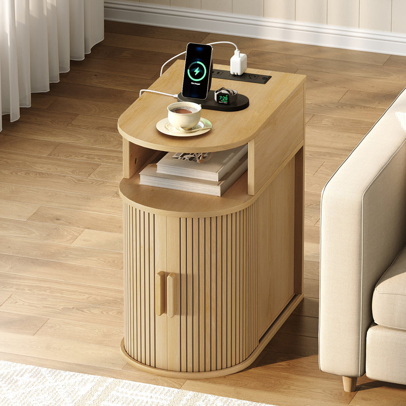 Narrow Fluted End Table with Charging Station & Sliding Curved Door, Natural