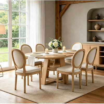 Round Extendable Dining Table Set, 43"-59" Natural Wood Expanding Kitchen Table with French-Style Upholstered Chairs, Space Saving Oval Extendable Din