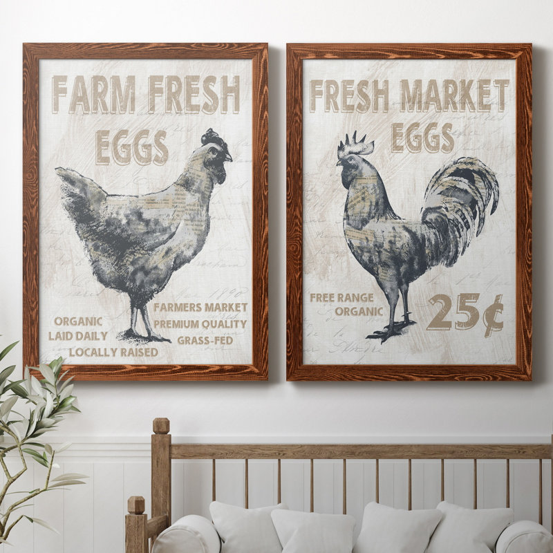 Farm Fresh Chicken - ensemble de 2 reproductions, H 37,5 po x l 55 po x P 1,5 po, Pas de tapis, Toile avec cadre érable