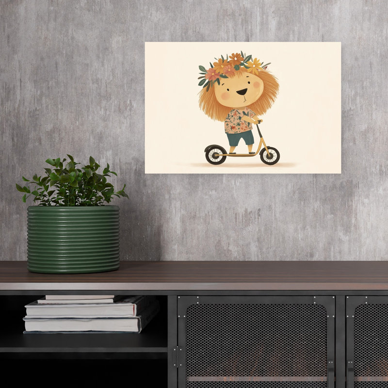 Happy Lion Scooter Ride Flower Tropical Wall Art Print by Mathieu - Wrapped Canvas Print, 30.48cm H x 45.72cm W