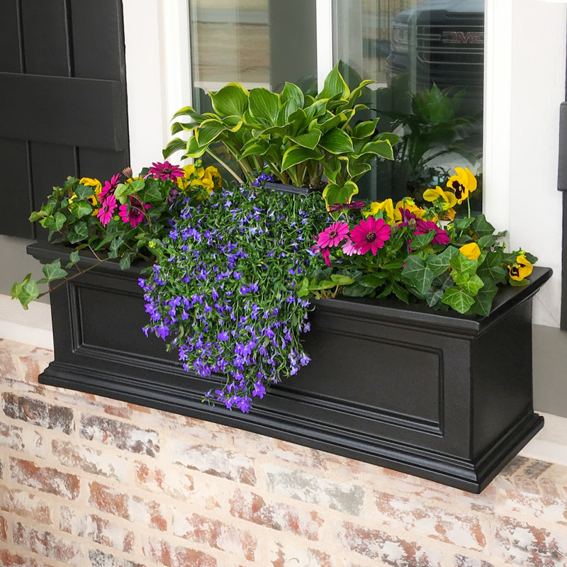 The Anastasiya Resin Window Box Planter with Water Reservoir, 10.8" H x 36" W x 11" D, Black
