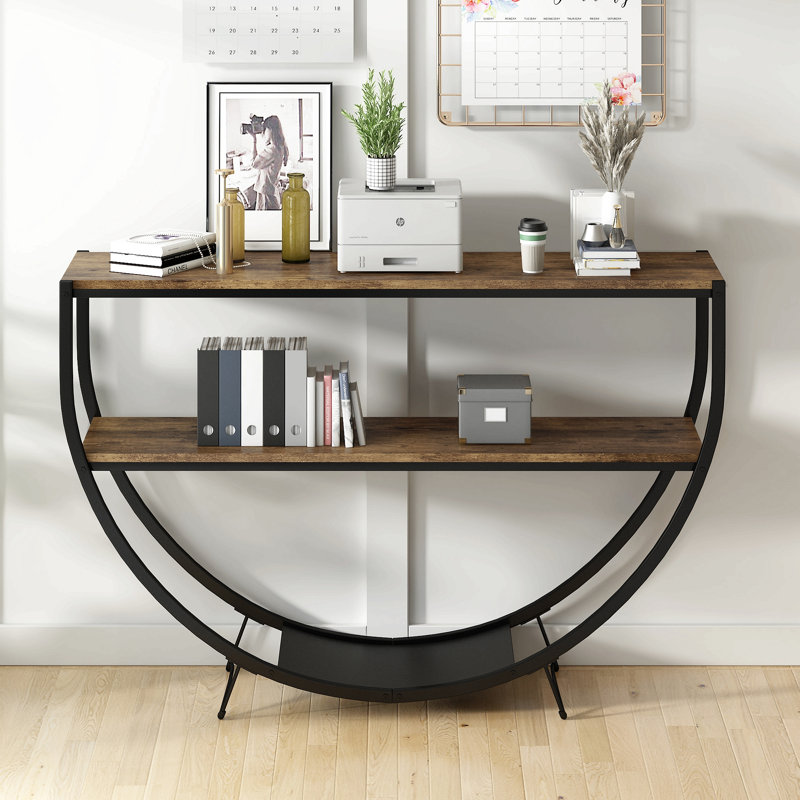 Console de style rustique de conception industrielle en métal texturé demi-lune, Brun délavé