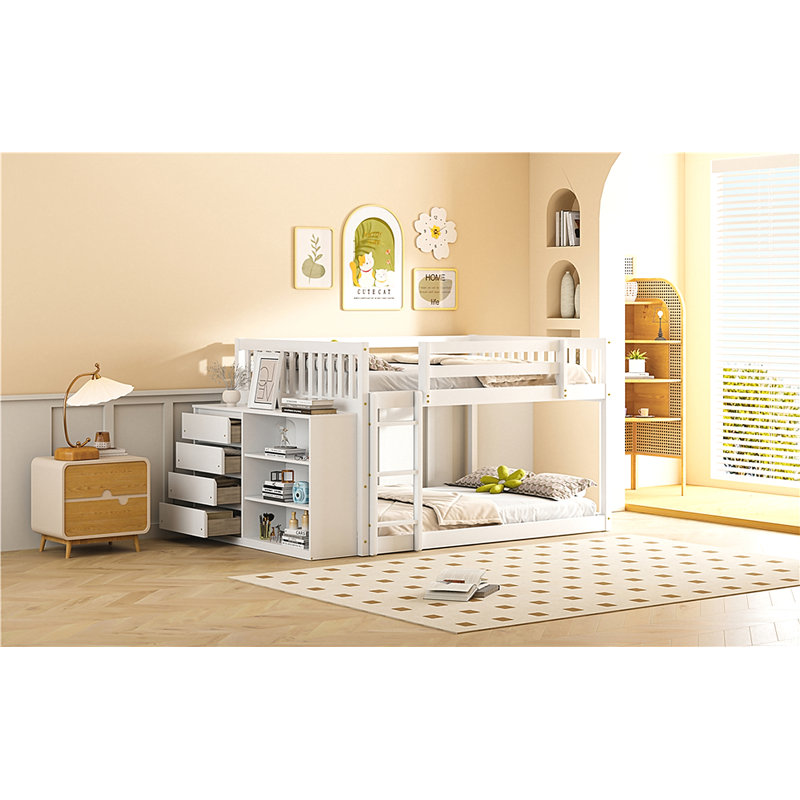Lit superposé double avec 4 tiroirs et 3 tablettes, Blanc