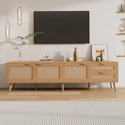 Meuble télé avec portes en rotin pour téléviseur de 80 po ou moins, console multimédia avec 2 tiroirs de rangement pour le salon
