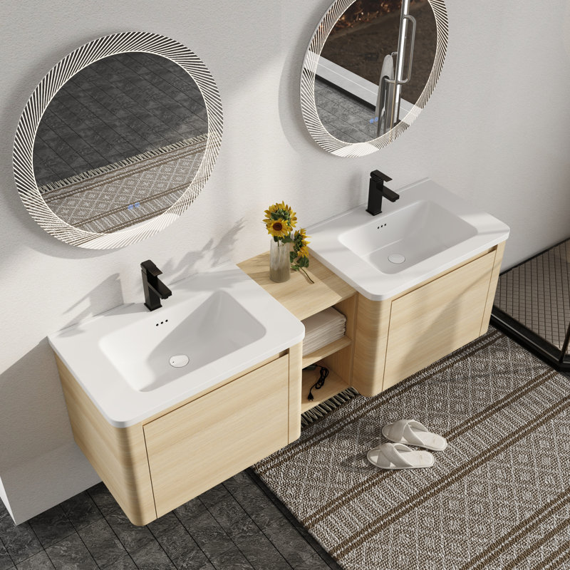Narnby 68'' Wall-Mounted Double Bathroom Vanity With Ceramic Top, White Oak, 68"