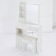 Petit meuble-lavabo de 29,2 po avec tiroir à gauche et tabouret rembourré, très grand miroir coulissant à droite, rangement multi-couches à grande capacité, commode pratique et pratique, convient aux petits espaces-1472333602