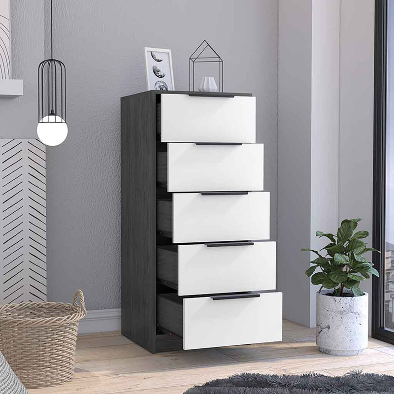 Commode verticale H 42 po, 5 tiroirs, commode verticale / chêne fumé, Blanc