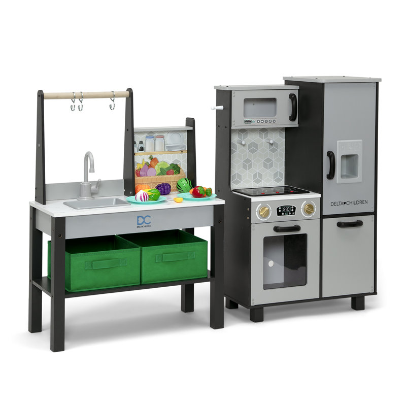 Delta Children Gourmet All-in-One Corner Play Kitchen - Toy Kitchen Playset with Realistic Stove Burners (Lights), Oven, Sink, Fridge/Freezer with Ice Maker and 20 Accessories (20 Pieces of Play Food & Utensils)