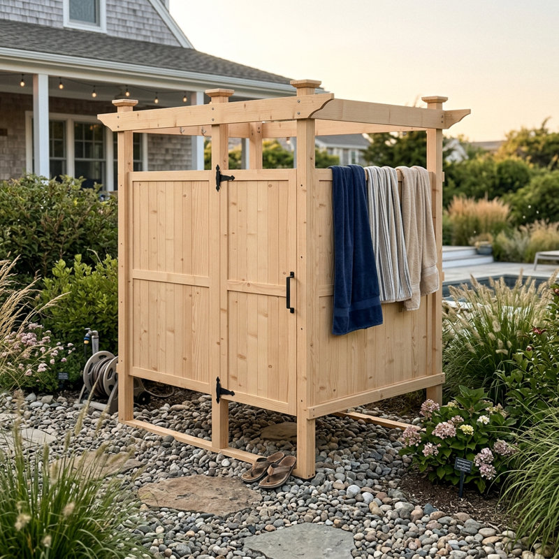 Cabine de douche en bois massif de 83,4 po de hauteur, cabine de douche avec cadre de pergola, cabine de douche au bord de la piscine et cabine de douche extérieure
