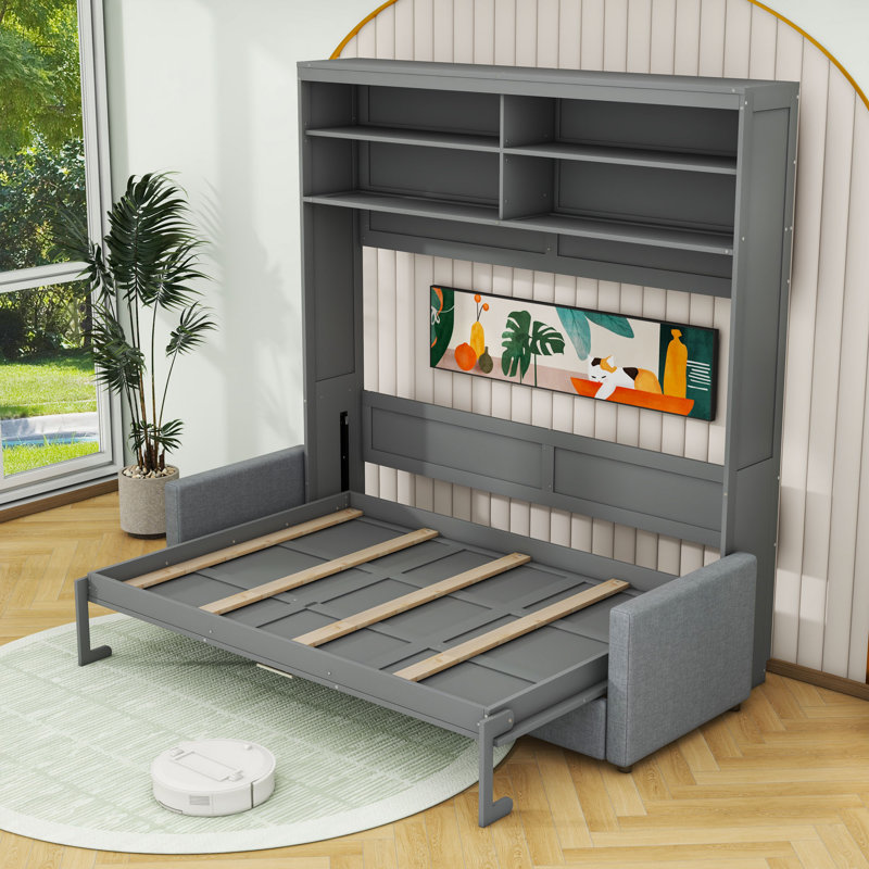 Grand lit escamotable mural avec canapé et tablettes de rangement, gris