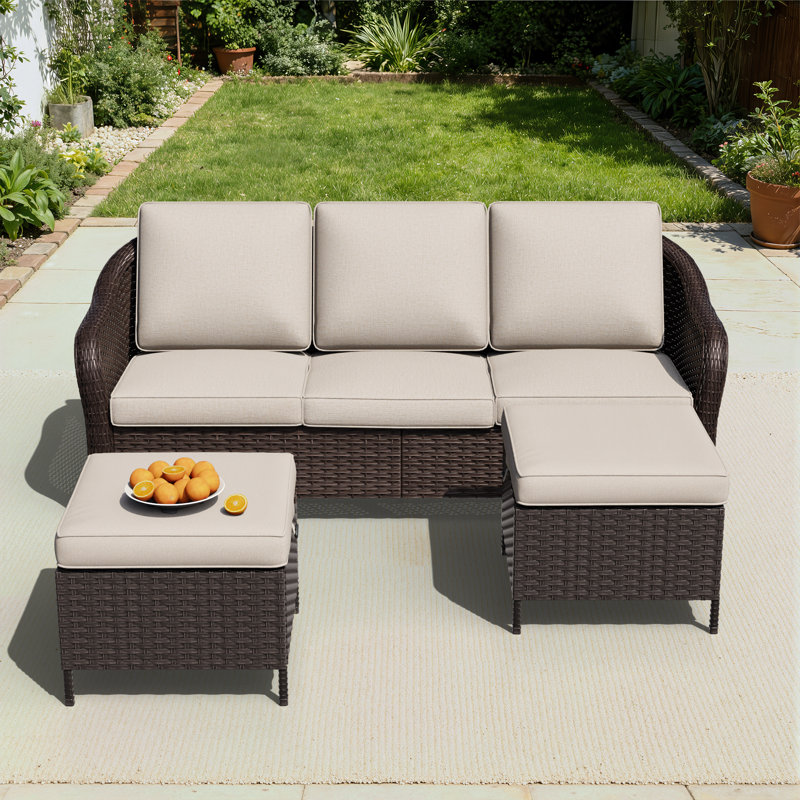 3-Piece All-Weather Wicker Patio Conversation Set with Storage Ottoman & Cushions, Beige