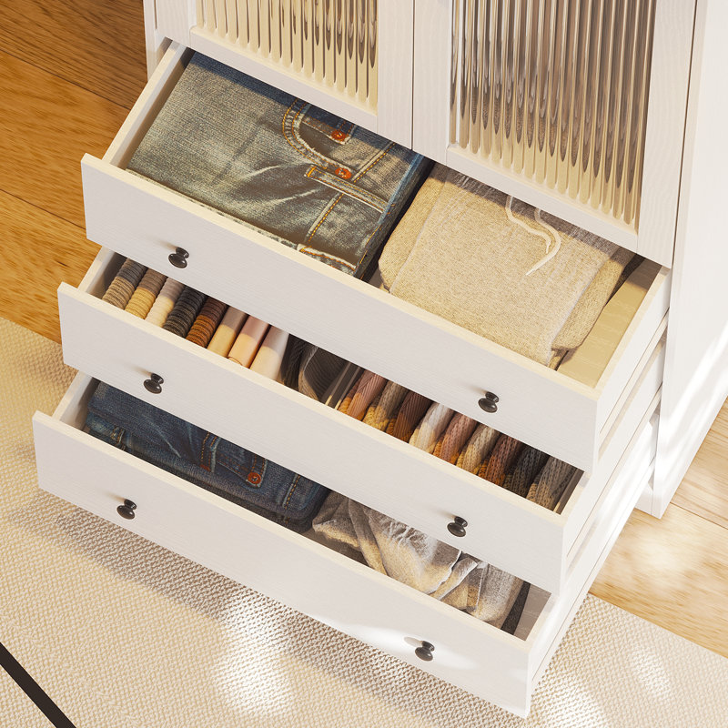 Armoire moderne 20 po x l 63 po x H 71 po avec portes à fermeture douce - garde-robe en verre cannelé avec tablettes et tiroirs