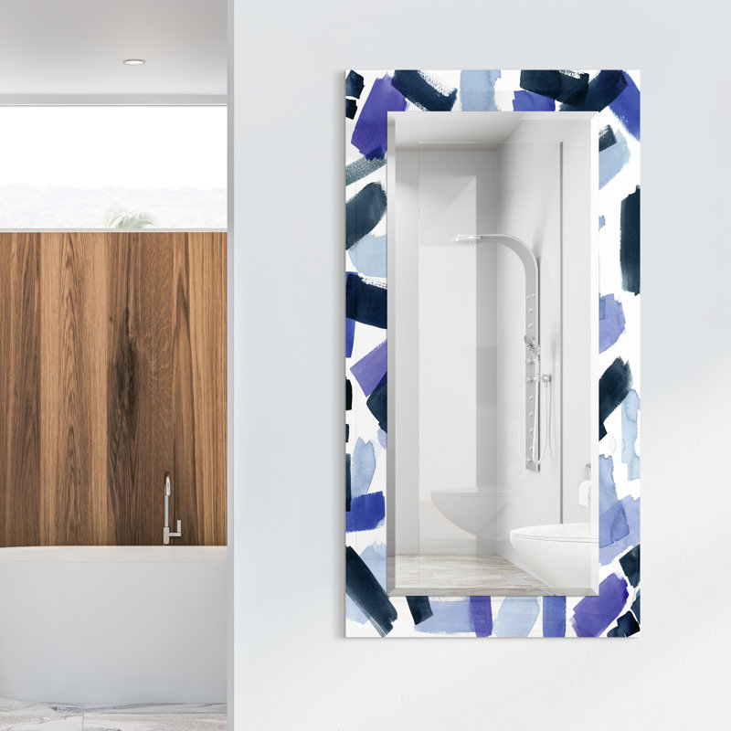 "Cerulean Strokes"Rectangular Beveled Mirror on Free Floating Reverse Printed Tempered Art Glass, 54" x 28"