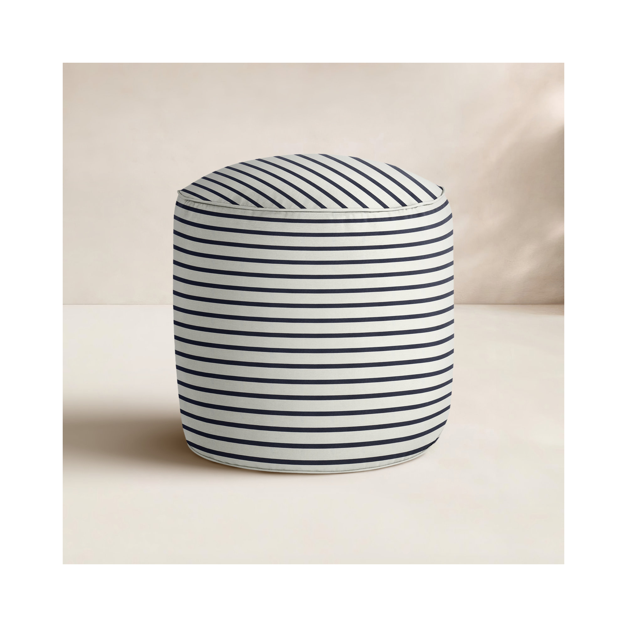 Moseley Round Upholstered Outdoor Ottoman with Sunbrella® Cushion, Shore White Stripe Sunbrella®