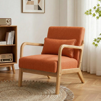 Mid-Century Modern Upholstered Accent Chair with Lumbar Pillow, Solid Rubberwood Armchair, Orange
