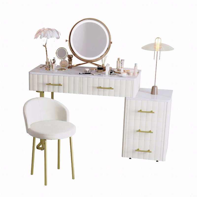 Velvet Upholstered Vanity Desk (Makeup Vanity) With Vanity Chair, Makeup Vanity  With 5 Big Drawers, Makeup Table With Padded Chair, Marble-Look Sticker Top Dressing Table (Makeup Vanity) With Left/Right Adjustable Storage, Beige