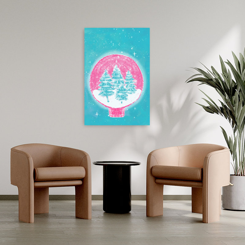 Magical Pink Snow Globe Dreamy Abstract Contemporary Christmas Tree Pine Tree Forest Winter Wall Art Print 1 Piece Wrapped Canvas Wall Art