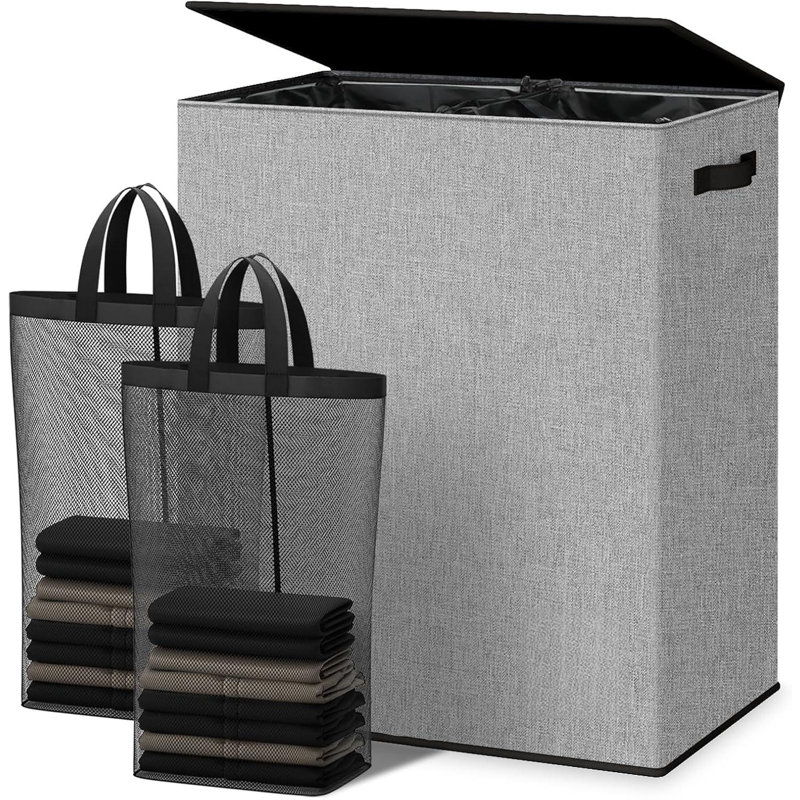 Double Laundry Hamper With Lid And Removable Bags, Large 2-Section Collapsible Hamper  (Grey), Gray