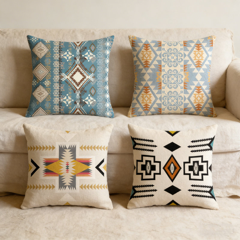 Ensemble de 4 housses de coussins décoratifs style bohémien de style marocain épaissis (18 x 18 pouces) (45 x 45 cm), B2