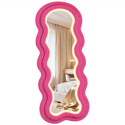 63"× 24" Wavy Mirror Full Length, Body Length Mirror with Three-Color Adjustable Light Strip, Velvet Rose-pink