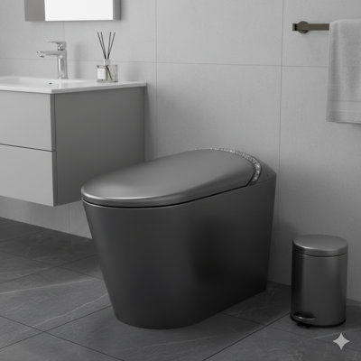 Toilette intelligente avec bidet intégré et veilleuse étoilée, style moderne pour la salle de bain, avec ouverture / fermeture automatique du couvercle, capteur de pied, affichage à DEL, veilleuse, lavage à l'eau chaude et sécheuse, en gris mat.
