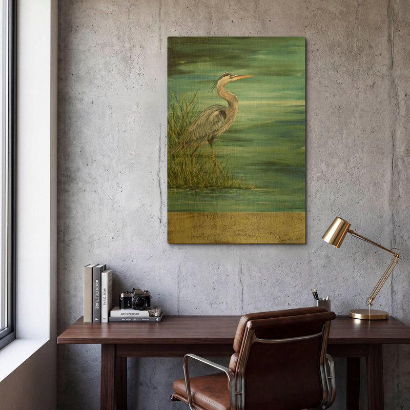 «Great Blue Heron 2» par Jean Plout, art mural en métal doré, 24 po x 36 po, 24"x36"