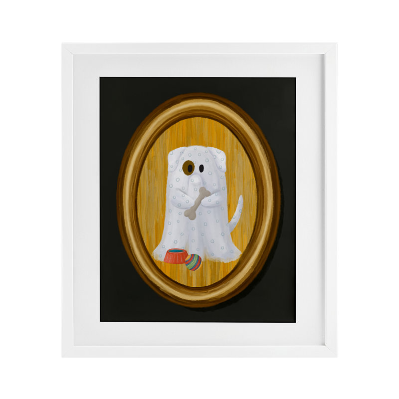 Ghost Dog with Bone, reproduction encadrée sous verre, design par Jennifer Stith, H 21 po x l 17 po, Cadre blanc côtier